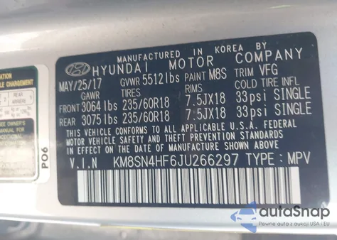 2018 Hyundai Santa Fe Se from USA, damaged, VIN KM8SN4HF6JU266297